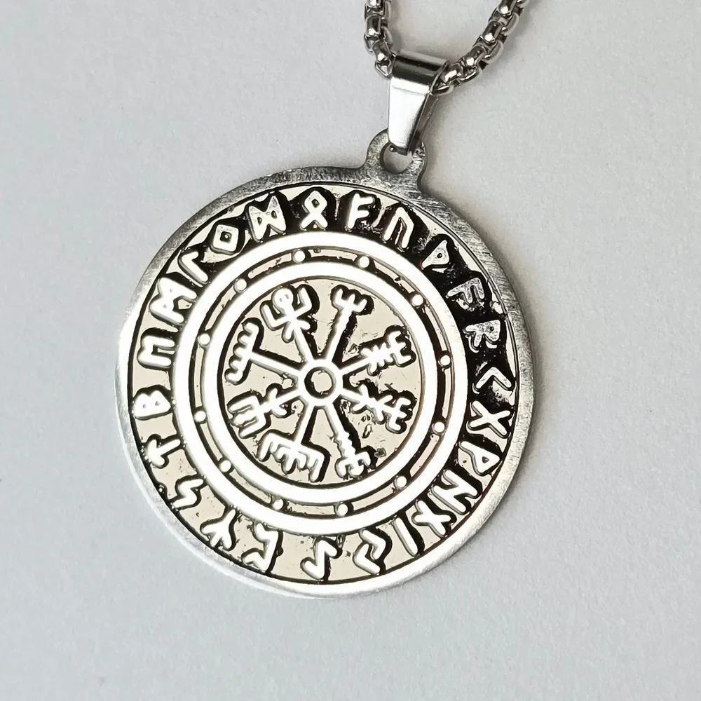 Vegvisir Viking Compass Necklace Norse Rune Amulet Pendant 24” Silver Box Chain